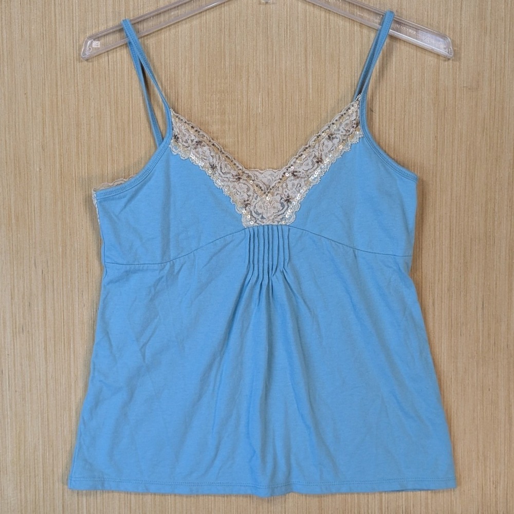 Cato Womens Blue Lace Beaded Trim Camisole Empire Waist Pleated Tank Top Medium